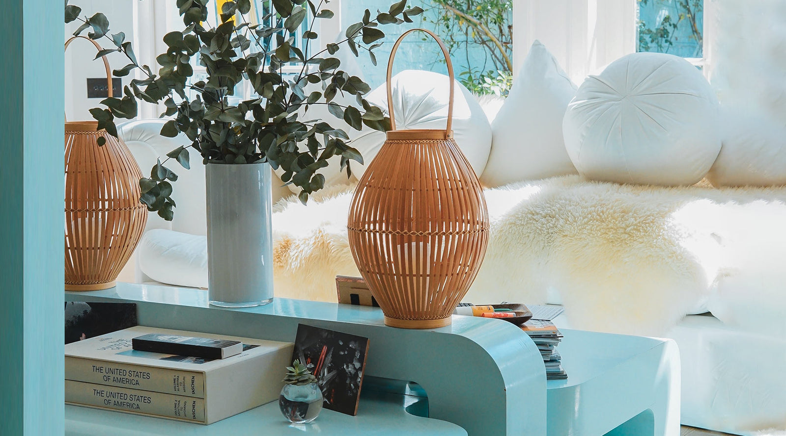 home furnishings including elegant oval baskets a dried plant arrangement in a vase books and spherical white throw pillows