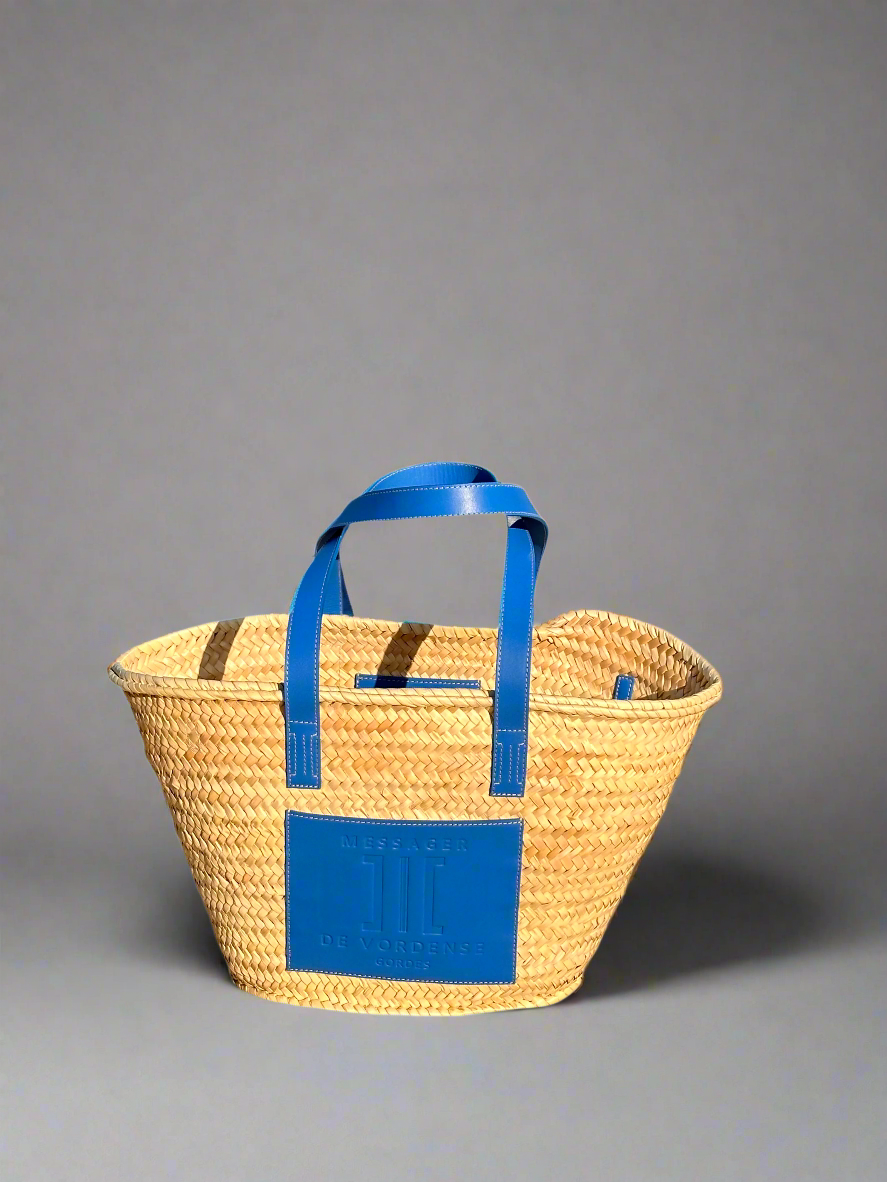 MAISON MESSAGER x MESSAGER de VORDENSE - Gordes Straw &amp; Leather Tote / Market / Beach Bag - Blue Azure Leather