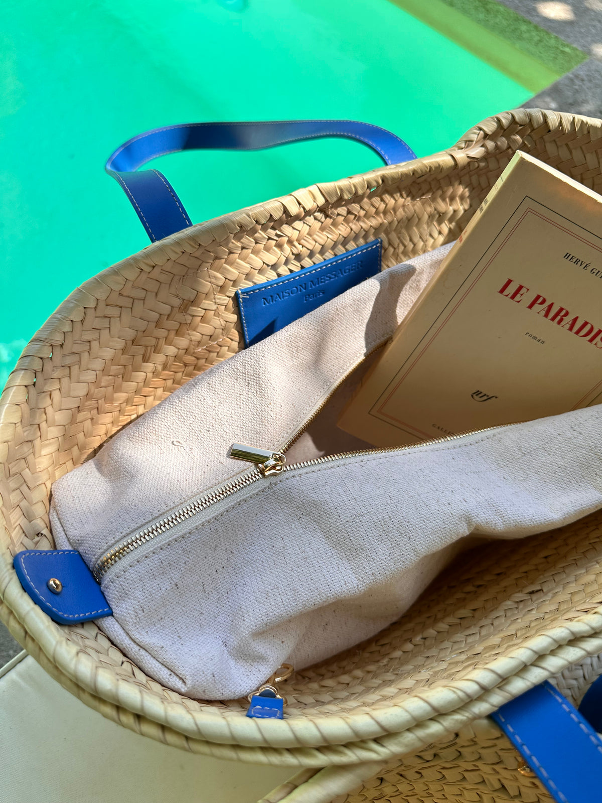 MAISON MESSAGER x MESSAGER de VORDENSE - Gordes Straw &amp; Leather Tote / Market / Beach Bag - Blue Azure Leather