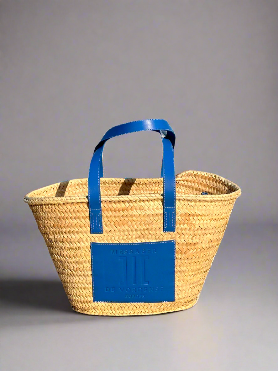 MAISON MESSAGER x MESSAGER de VORDENSE - Gordes Straw & Leather Tote / Market / Beach Bag - Blue Azure Leather