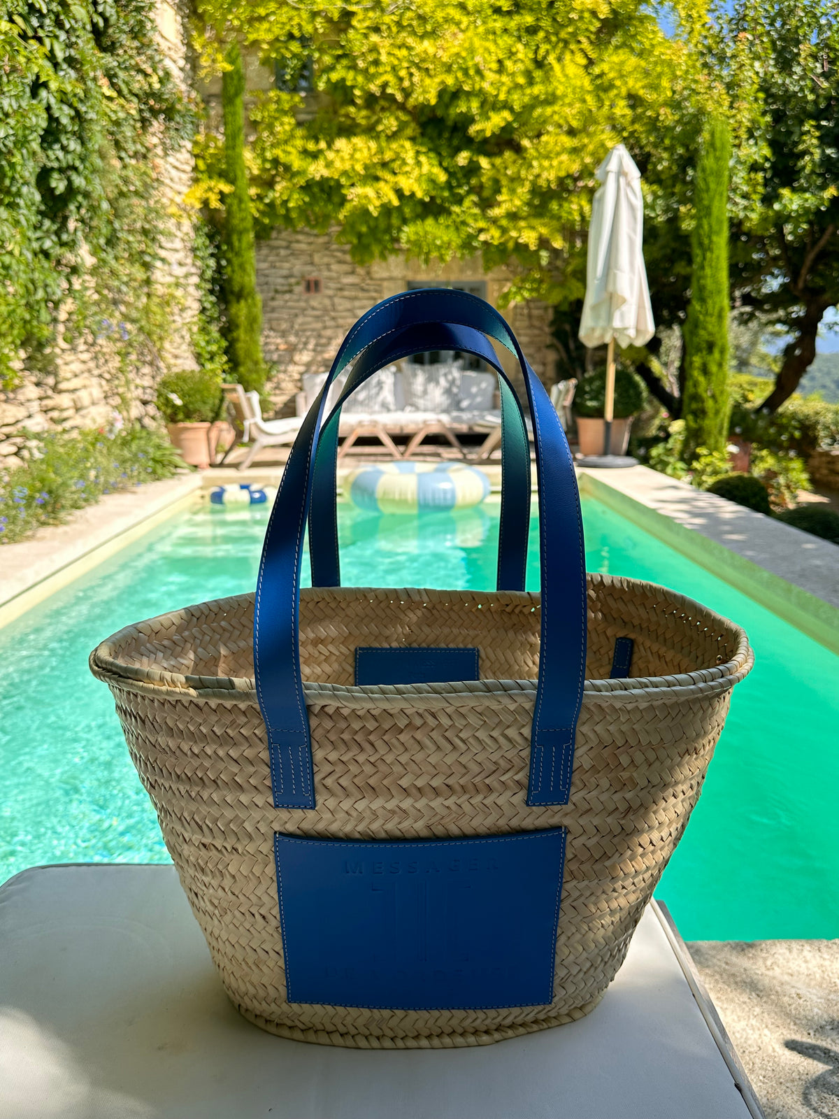 MAISON MESSAGER x MESSAGER de VORDENSE - Gordes Straw &amp; Leather Tote / Market / Beach Bag - Blue Azure Leather