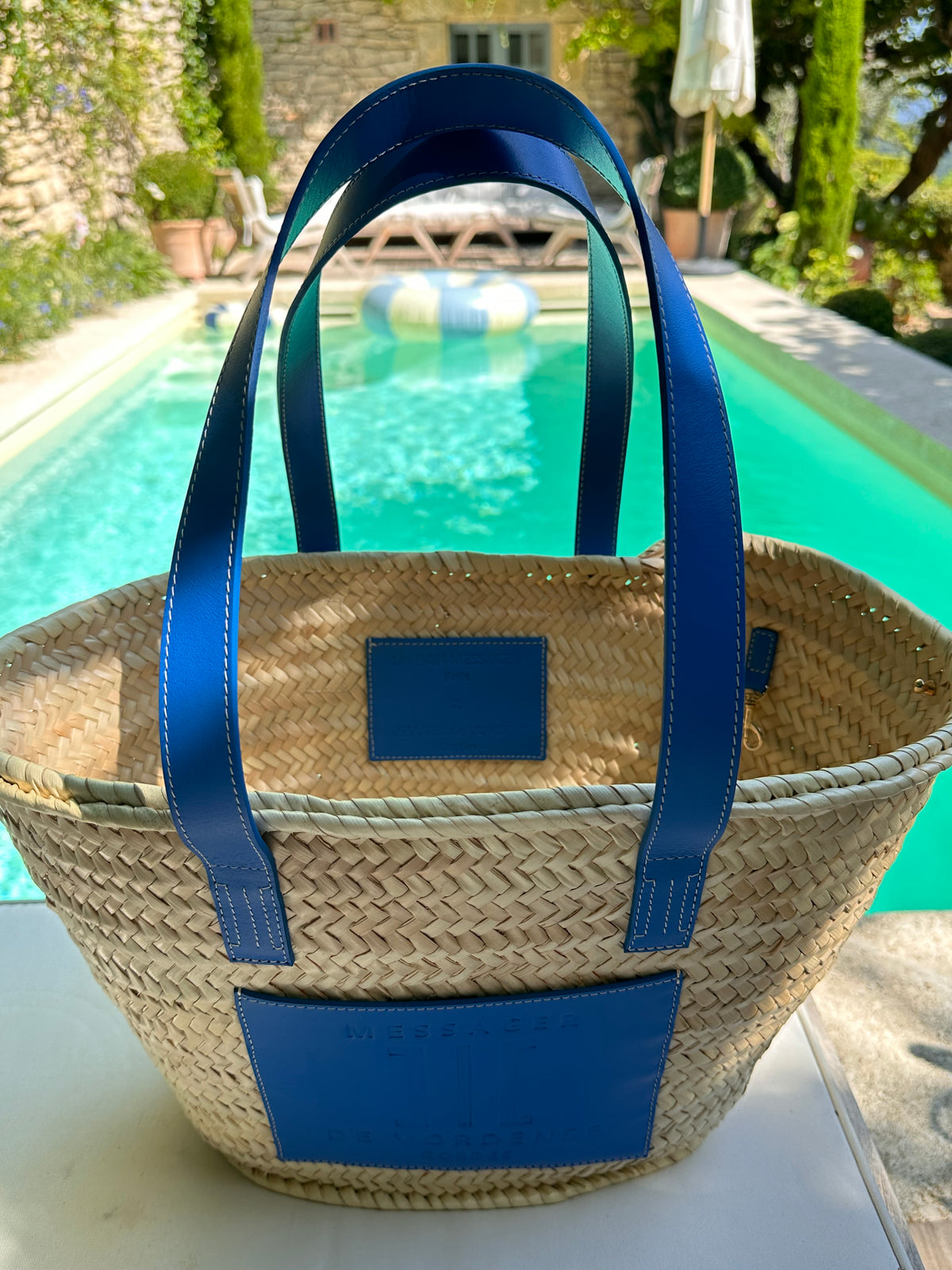 MAISON MESSAGER x MESSAGER de VORDENSE - Gordes Straw &amp; Leather Tote / Market / Beach Bag - Blue Azure Leather