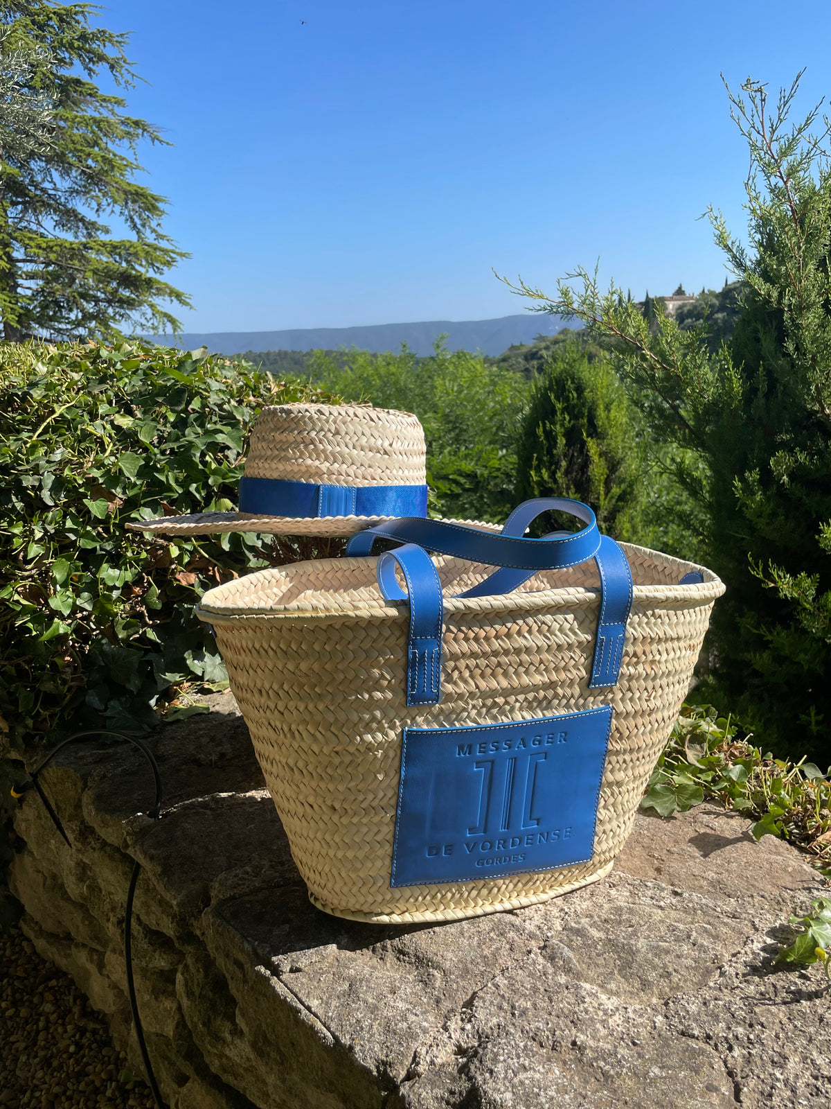 MAISON MESSAGER x MESSAGER de VORDENSE - Gordes Straw &amp; Leather Tote / Market / Beach Bag - Blue Azure Leather