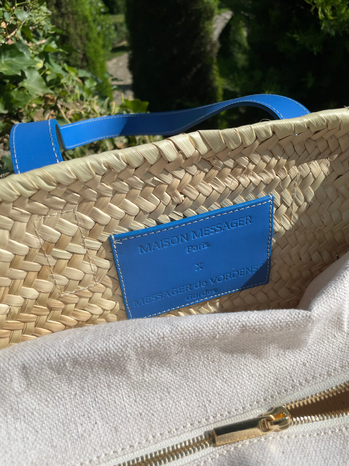 MAISON MESSAGER x MESSAGER de VORDENSE - Gordes Straw &amp; Leather Tote / Market / Beach Bag - Blue Azure Leather