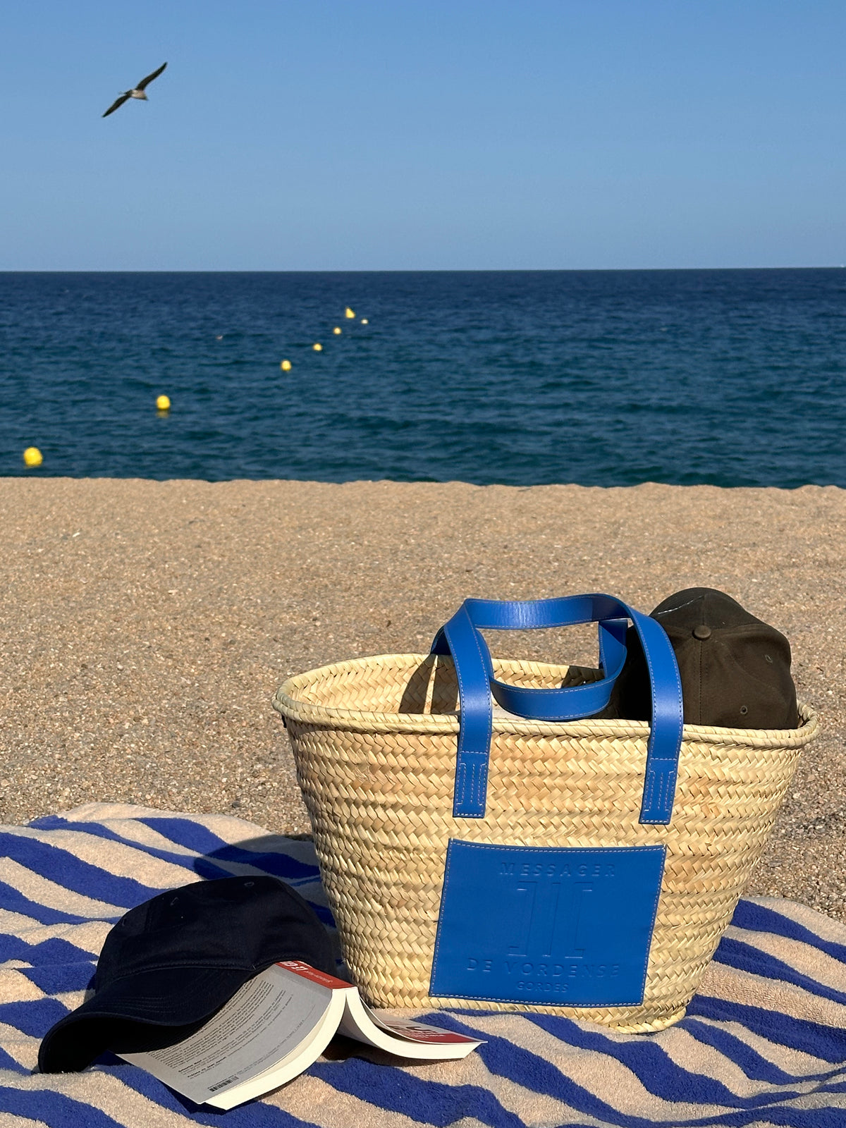 MAISON MESSAGER x MESSAGER de VORDENSE - Gordes Straw &amp; Leather Tote / Market / Beach Bag - Blue Azure Leather