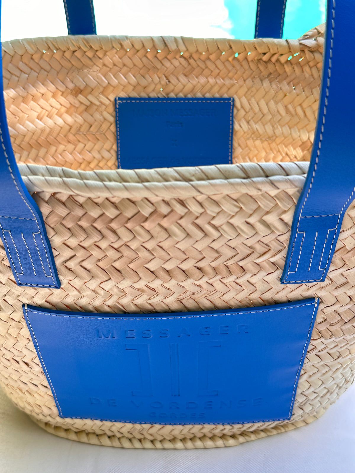 MAISON MESSAGER x MESSAGER de VORDENSE - Gordes Straw &amp; Leather Tote / Market / Beach Bag - Blue Azure Leather