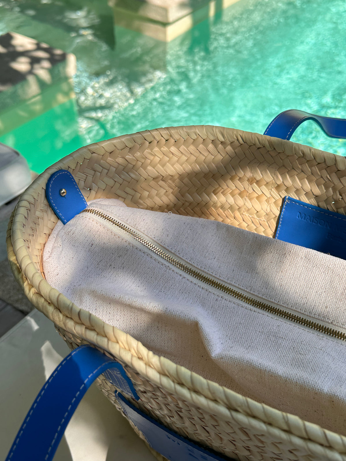 MAISON MESSAGER x MESSAGER de VORDENSE - Gordes Straw &amp; Leather Tote / Market / Beach Bag - Blue Azure Leather